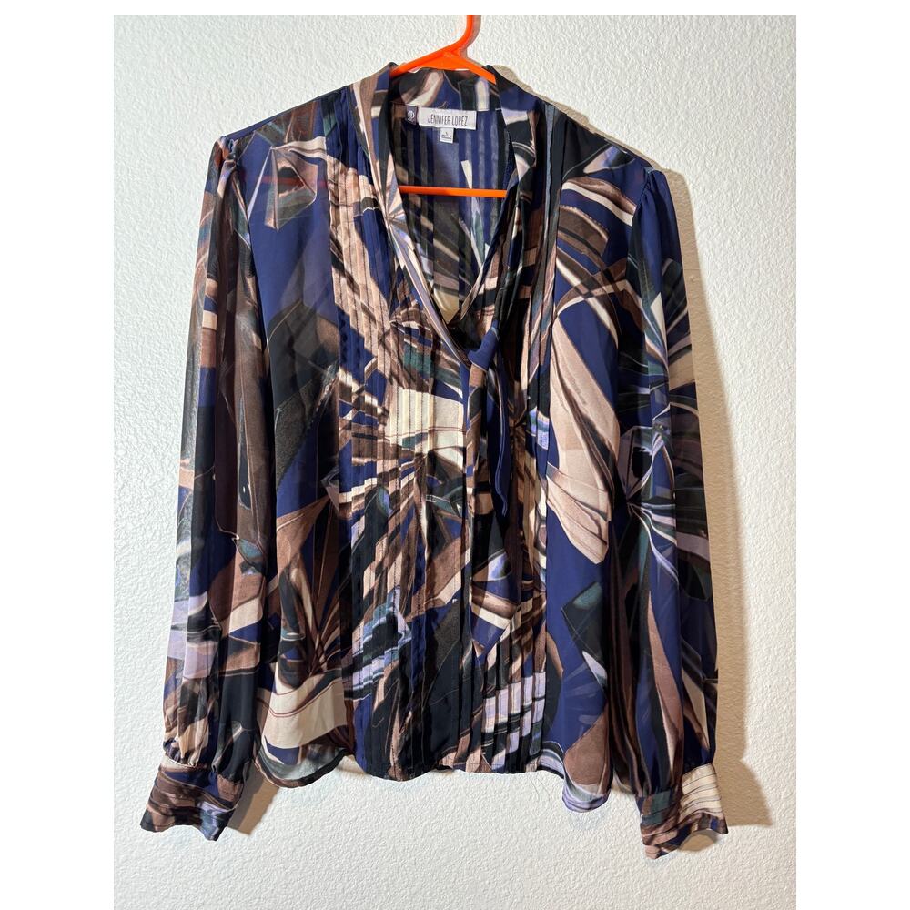 Jennifer Lopez Size L Plisse Pleated Abstract Brown Blue Long Sleeve Blouse Top